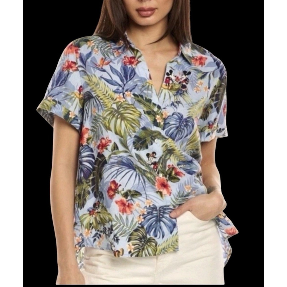 Disney x Tommy Bahama Mickey‎ Mouse Tropical Linen Shirt Blue Floral Womens L